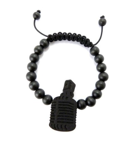 Classic Microphone Wood Pendant Wooden Bead Chain Bracelet in Black-Tone WB24BK