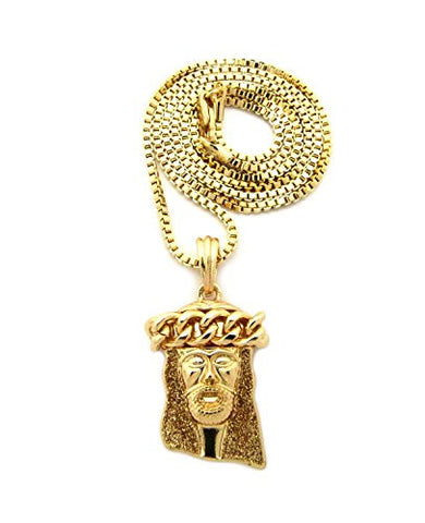 Thick Crown Jesus Gold-Color Glitter Micro Pendant 2mm 24" Box Chain Necklace in Gold-Tone