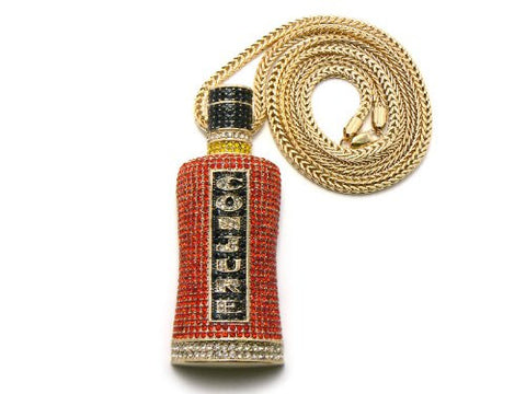 Iced Out Conjure Liquor Bottle Pendant in Gold Tone w/ 36" Franco Chain MHP1G