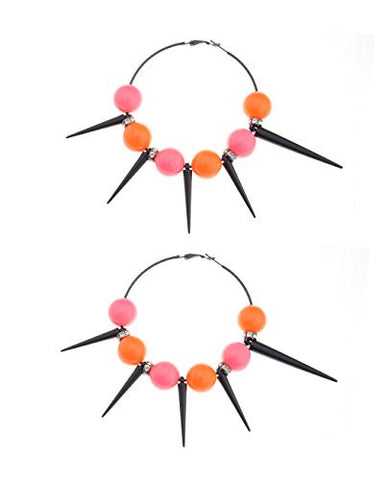 Jet Black Spike with Pink & Orange Round Bead Hoop Earrings