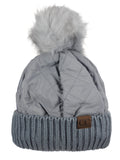 C.C Soft Quilted Puffer Detachable Faux Fur Pom Inner Lined Cuff Beanie Hat