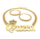 Stone Stud Crowned Queen Pendant Chain Necklace with Pincatch Hoop Earrings Jewelry Set