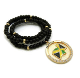 Stone Stud Jamaica Waving Flag Medal Pendant with 6mm 30" Wood Bead Color Disc Necklace, Black Wood/Gold-Tone