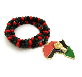 Power Fist on Pan Africa Continent Pendant with 6mm 36" Multicolored Wood Bead Necklace, Gold-Tone