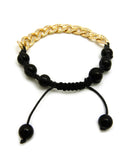 Hip Hop Rapper's Style 10mm Iced Out Cuban Link and 8mm Black Stone Bead Adjustable Knotted Bracelet, Gold-Tone, XB446G