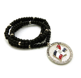 Stone Stud Dominican Republic Waving Flag Medal Pendant with 6mm 30" Wood Bead Color Disc Necklace, Black Wood/Silver-Tone