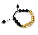 Hip Hop Rapper's Style 12mm Iced Out Cuban Link and 10mm Black Stone Bead Adjustable Knotted Bracelet, Gold-Tone, XB445G