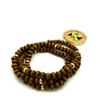 Stone Stud Jamaica Waving Flag Medal Pendant with 6mm 30" Wood Bead Color Disc Necklace, Brown Wood/Gold-Tone