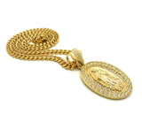 Stone Stud Oval Virgin Mary Medal Pendant with 6mm Cuban Chain in Gold-Tone, 36"