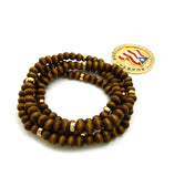 Stone Stud Puerto Rico Waving Flag Medal Pendant with 6mm 30" Wood Bead Color Disc Necklace, Brown Wood/Gold-Tone