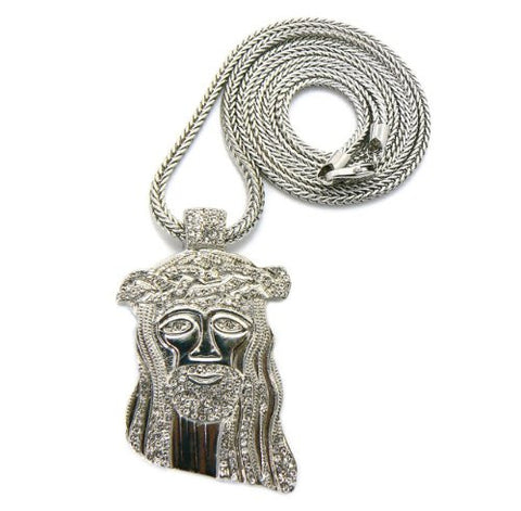 Rhinestone Jesus Pendant in Silver Tone w/ 36" Franco Chain GAP4R