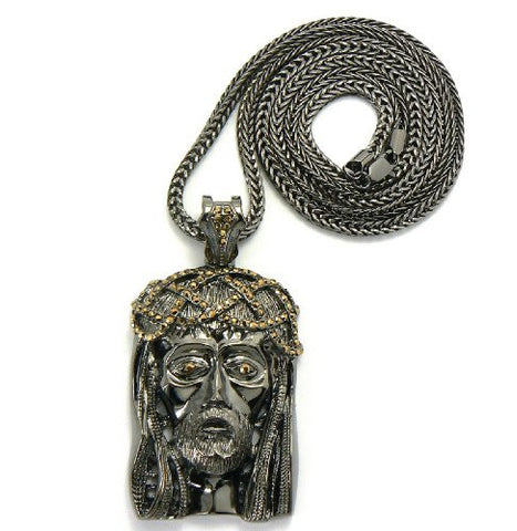 Hematite/Gold Tone Crown of Thorns Jesus Pendant w/ 36" Franco Chain MLP056HEG