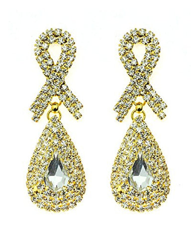 Rhinestone Studded Ribbon & Teardrop Pattern Clear Gemstone Dangling Pierced Earrings in Gold-Tone