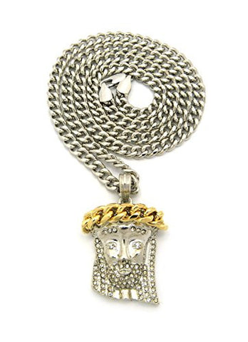 New Rhinestone Jesus Pendant with 4mm 24" Cuban Link Chain Necklace in Silver/Gold-Tone