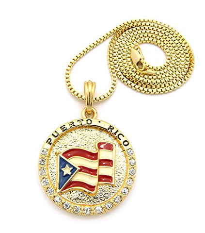 Flag of Puerto Rico Pride Rhinestone Medal Pendant 24" Box Chain Necklace - Gold-Tone XSP085GBX