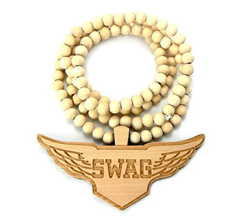 SWAG Wing Wood Pendant 8mm 36" Wooden Bead Chain Necklace in Natural-Tone