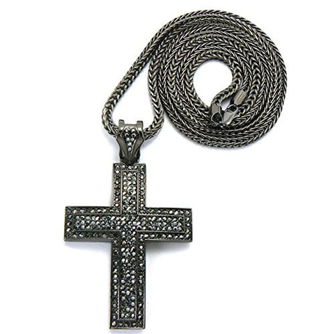 Iced Out 5 Row Thick Cross Pendant with 36" Franco Chain Necklace - Hematite-Tone MP536HE