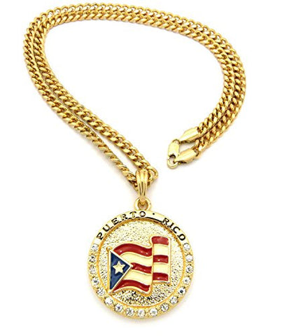 Flag of Puerto Rico Pride Rhinestone Medal Pendant 24" Cuban Chain Necklace - Gold-Tone XSP085GCC