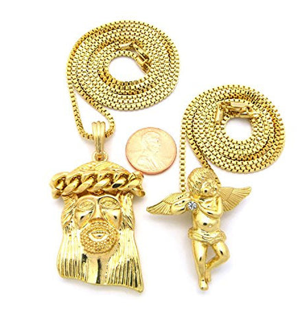 Thick Crown Jesus & Solitaire Angel Pendant Set with Box Chain Necklaces in Gold-Tone RC495G