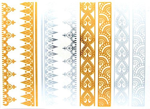 Indian Style Filigree Metallic Sticker Tattoo in Gold/Silver-Tone (4 Sheets)