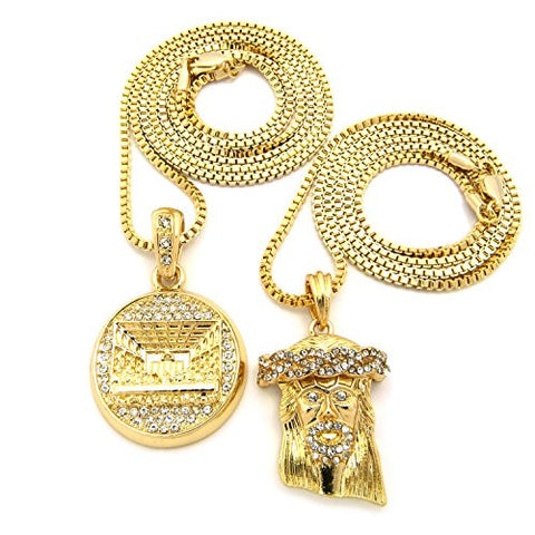 The Last Supper & Jesus Iced Out Micro Pendant Necklace Set with 24" 30" Box Chains - Gold-Tone