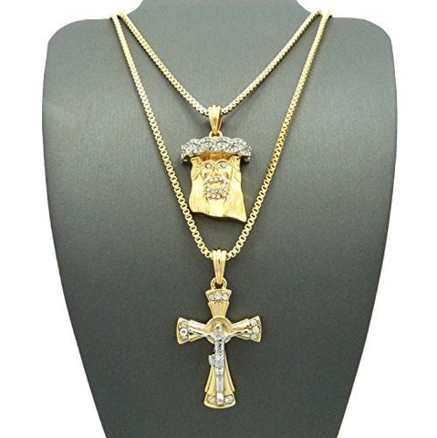 Two-Tone Pave Jesus & Cross Micro Pendant Set w/ 24" 30" Box Chain Necklaces
