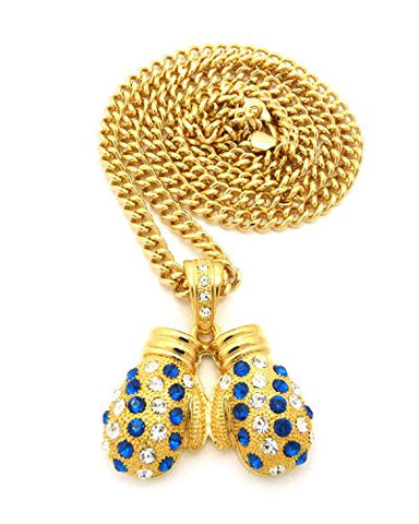 Rhinestone Studded Boxing Gloves Pendant 6mm 36" Cuban Link Chain Necklace - Blue/Gold-Tone