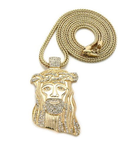 Rhinestone Jesus Pendant in Gold Tone w/ 36" Franco Chain GAP4G