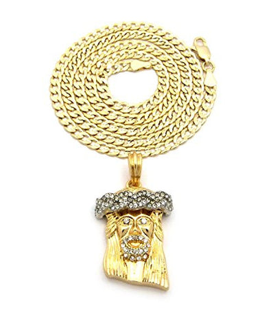 Gold/Silver-Tone Crown of Thorns Jesus Pendant w/ 4mm 24" Concave Diamond Cut Cuban Chain