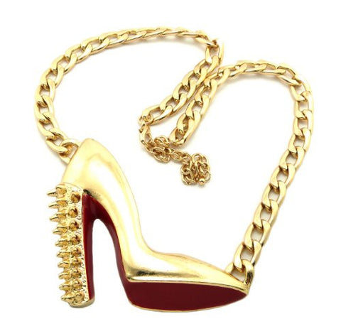 Studded High Heel Necklace with 9mm 16" + Extension Chain in Red/Gold-Tone
