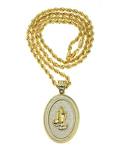 Silver-Tone Dusted Praying Hands Oval Pendant 4mm 30" Rope Chain Necklace in Gold-Tone