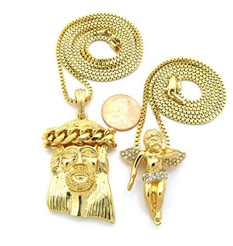 Thick Crown Jesus & Pave Floating Angel Pendant Set with Box Chain Necklaces in Gold-Tone RC497G