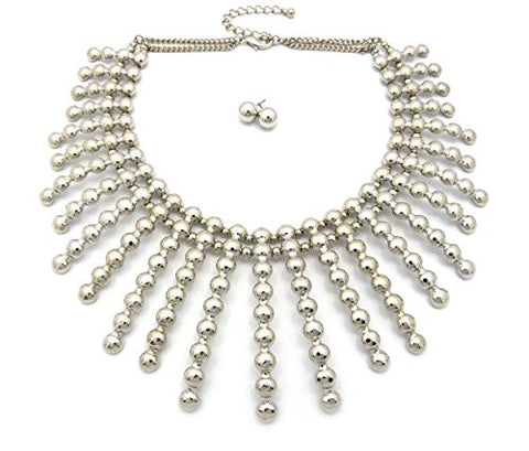 Splash Bead Collar Fashion Necklace with 10mm Ball Earrings in Silver-Tone