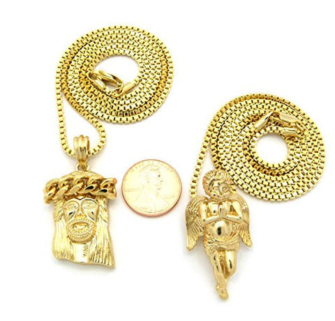Plain Jesus & Praying Angel Micro Pendant Set with 24" 30" Box Chain Necklaces - Gold-Tone RC474G