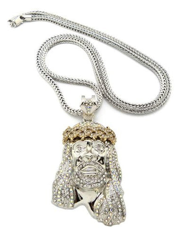 Crown of Thorns Jesus Paved Pendant 36" Franco Chain Necklace - Amber/Clear Silver-Tone MP449R-ABCR