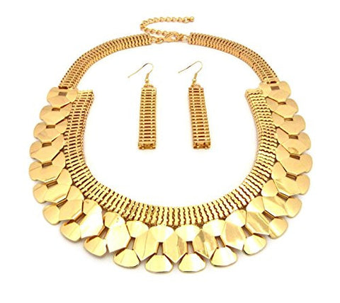 Round Edged Pattern Square Mesh Chain Necklace and Earrings Jewelry Set in Gold-Tone