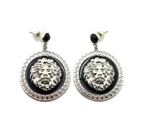 Lion Head Egyptian Style Medal Drop Earrings in Silver-Tone EMQ153R
