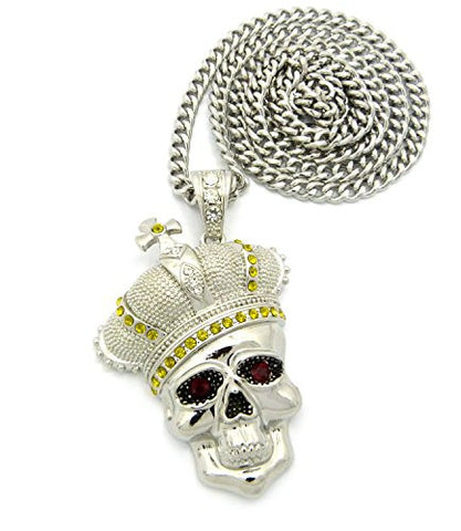 Royal Crown Skull Head Pendant with 6mm 36" Cuban Link Chain - Yellow/Silver-Tone