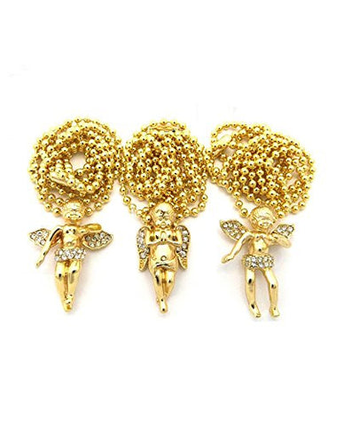 3 Pave Floating, Praying, Flying Cherub Micro Pendant Necklace Set with 24" Ball Chains