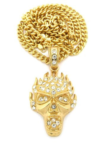 Flaming Skull Rhinestone Studded Pendant w/ 36" Cuban Chain - Gold Tone CP135G