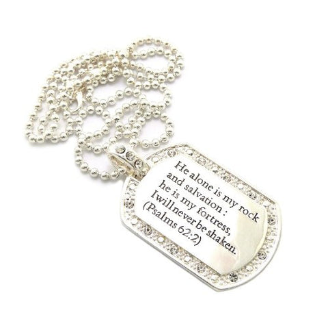 Psalms 62:2 Bible Verse Silver Tone Rhinestone Pendant 3mm 30" Ball Chain OP107S
