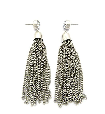 Chain Tassel Rhinestone Charm Drop Earrings in Silver-Tone