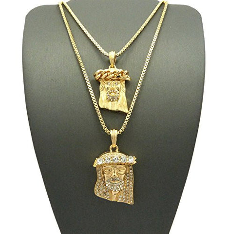 Studded Cuban Crown & 3D Stone Crown Jesus Pendant Set 2mm 24" & 30" Box Chains in Gold-Tone