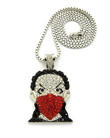 Iced Out Red Goon Mask Man Pendant 30" Box Chain Necklace in Silver-Tone GAP17RBX