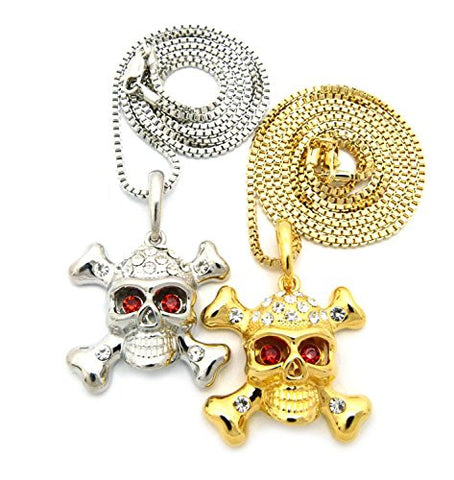Two-Tone Hazardous Red Eye Skull Head Pendant Set with 24" 30" Box Chain Necklaces