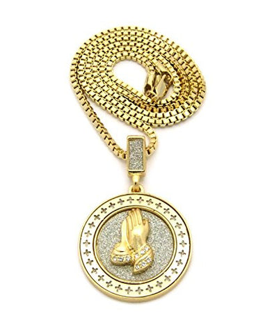 Cross Frame Stone Stud Praying Hands Medal Pendant 2.5mm 24" Box Chain Necklace in Gold-Tone