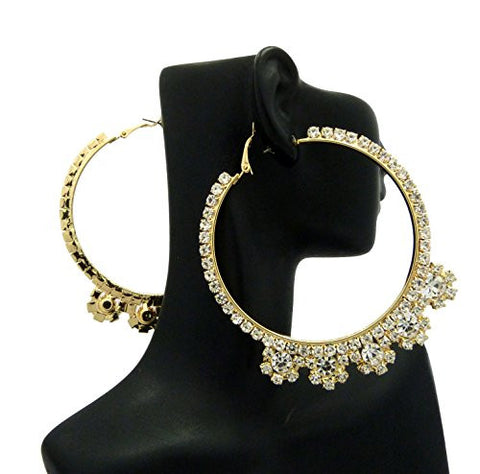 Women's Rhinestone Studded Enlarged Tribal Hoop Earrings in Gold-Tone