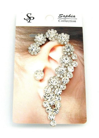 Silver Tone Rhinestone Stud Floral Design Earcuff w/ Earring ECM683SCL