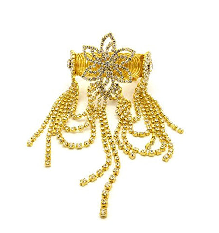 Flower Charm Rhinestone Pave Arm Band, Ankle Cuff, Bracelet Fashion Jewelry in Gold-Tone