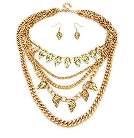 Tribal Pattern Mini Spearhead Multi Chain Necklace and Earrings Jewelry Set in Gold-Tone